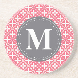 Monogrammed Pink White Floral Lattice Pattern Zandsteen Onderzetter