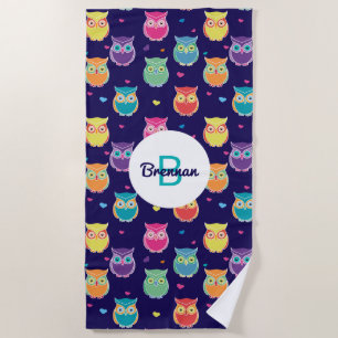 Monogrammed Rainbow Blue Owl Pattern Girls Animal Strandlaken