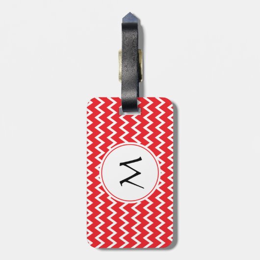 Monogrammed Red and White Chevron Pattern Bagagelabel (Achterkant verticaal)