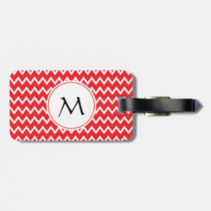 Monogrammed Red and White Chevron Pattern Bagagelabel