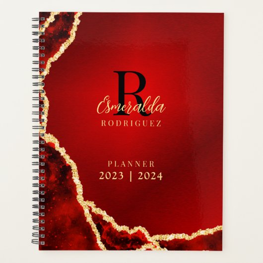 Monogrammed Red Black Gold Agate 2023 2024 Elegant Planner (Voorkant)