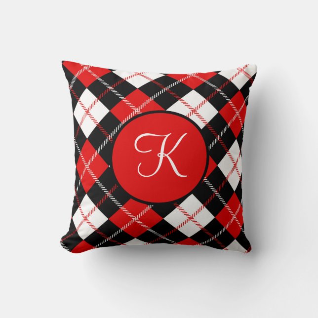 Monogrammed Red Black White Argyle Pset Kussen (Voorkant)