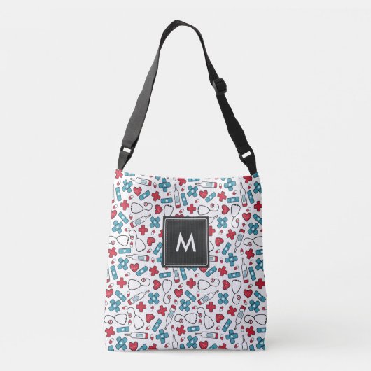 Monogrammed Red Blue Medical Pattern Nurse Crossbody Tas (Achterkant)