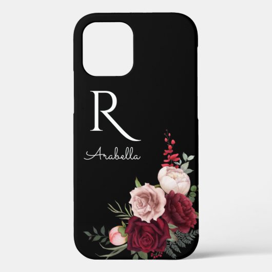 Monogrammed Red Blush-Rozen op zwart Case-Mate iPhone Case (Achterkant)