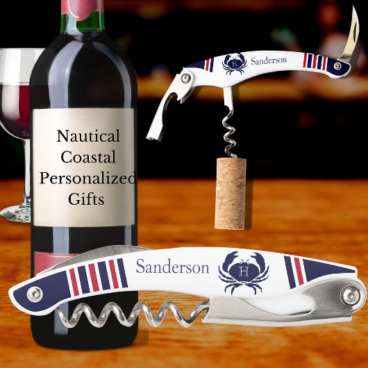 Monogrammed Red Navy Blue White Crab Nautical Kurkentrekker