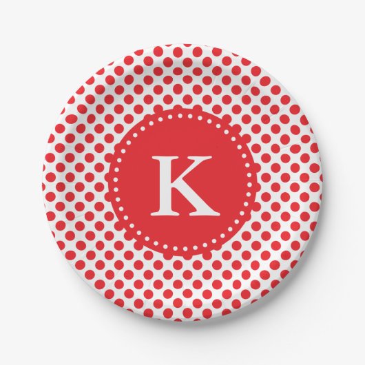 Monogrammed Red op White Polka Dot Papieren Bordje (Voorkant)