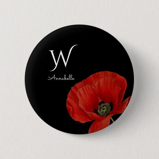 Monogrammed Red Poppy on Black Simple Ronde Button 5,7 Cm (Voorkant)