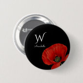 Monogrammed Red Poppy on Black Simple Ronde Button 5,7 Cm (Voorkant /achterkant)