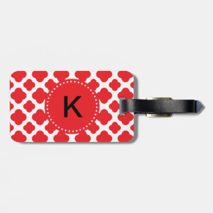 Monogrammed Red Quatrefoil Pattern Bagagelabel