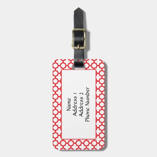 Monogrammed Red Quatrefoil Pattern Bagagelabel (Voorkant verticaal)