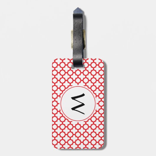 Monogrammed Red Quatrefoil Pattern Bagagelabel (Achterkant verticaal)