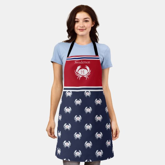Monogrammed Red White Navy Blue Crab Nautical Apro Schort (Gedragen)