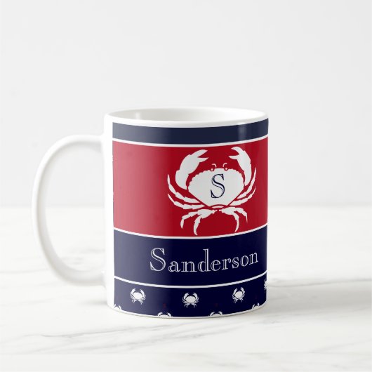 Monogrammed Red White Navy Blue Crab Nautical Koffiemok (Links)