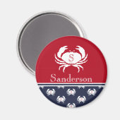 Monogrammed Red White Navy Blue Crab Nautical Magneet (Voorkant / Achterkant)