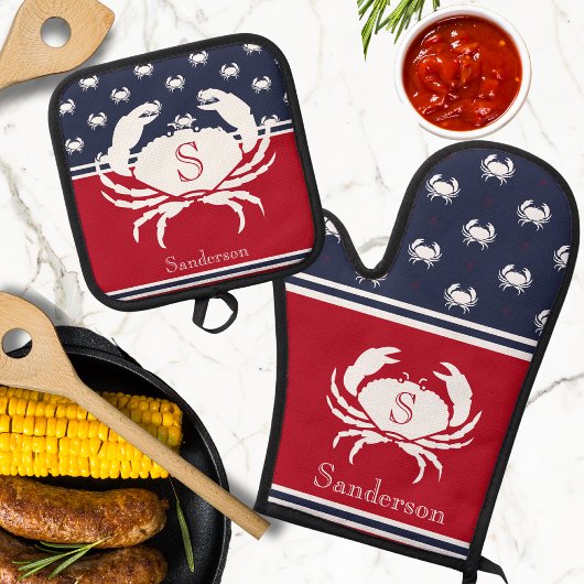 Monogrammed Red White Navy Blue Crab Nautical Ovenwant & Pannenlap Set