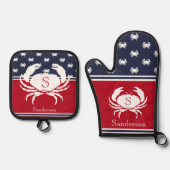 Monogrammed Red White Navy Blue Crab Nautical Ovenwant & Pannenlap Set (Voorkant)