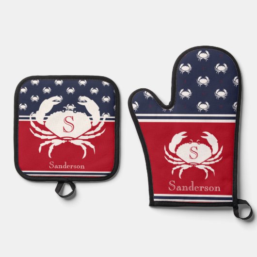 Monogrammed Red White Navy Blue Crab Nautical Ovenwant & Pannenlap Set (Voorkant)