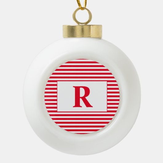 Monogrammed Red/White Stripes Keramische Bal Ornament (Voorkant)