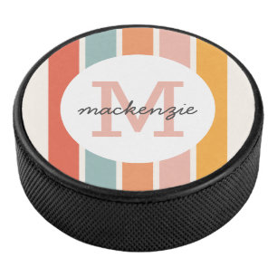 Monogrammed Retro Kleurrijke Strepen Gepersonalise Hockey Puck