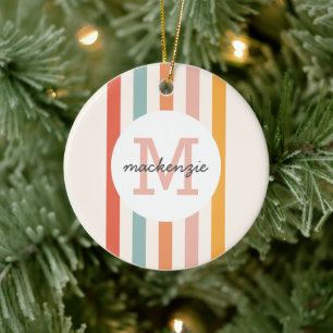 Monogrammed Retro Kleurrijke Strepen Gepersonalise Keramisch Ornament