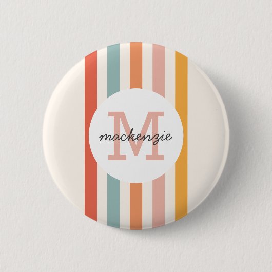 Monogrammed Retro Kleurrijke Strepen Gepersonalise Ronde Button 5,7 Cm (Voorkant)