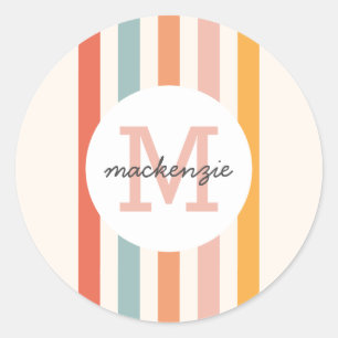 Monogrammed Retro Kleurrijke Strepen Gepersonalise Ronde Sticker