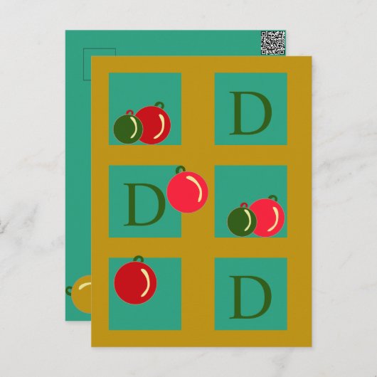 Monogrammed rode, groene, gouden kerstversiering briefkaart (Voorkant / Achterkant)