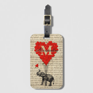 Monogrammed romantic elephant and heart bagagelabel
