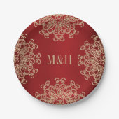 Monogrammed Rood en Goud Indische Stijl Bruiloft Papieren Bordje (Voorkant)
