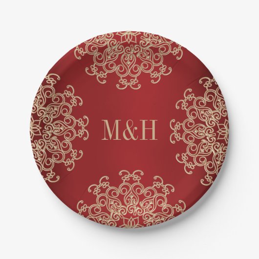 Monogrammed Rood en Goud Indische Stijl Bruiloft Papieren Bordje (Voorkant)