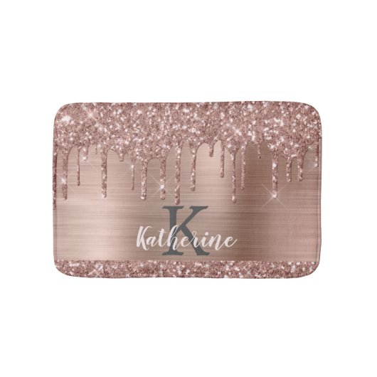 Monogrammed Roos Gold Glitter Drift op roze metale Badmat (Voorkant)