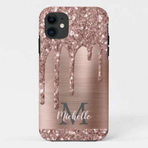 Monogrammed Roos Gold Glitter Drift op roze metale iPhone 11 Hoesje