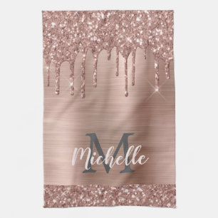 Monogrammed Roos Gold Glitter Drift op roze metale Theedoek