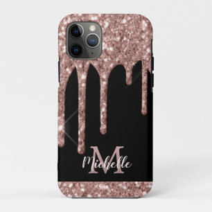 Monogrammed Roos Gold Glitter Drivers op zwart iPhone 11 Pro Hoesje