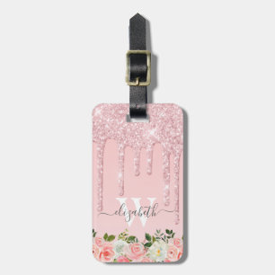 Monogrammed Roos Gouden Glitter Druppelt Roze Bloe Bagagelabel