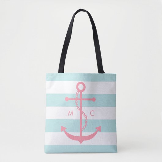 Monogrammed Roze Anchor op mint Stripes Tote Bag (Voorkant)