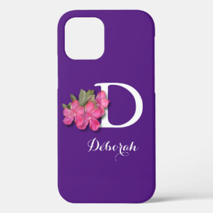 Monogrammed Roze Bloem Paarse iPhone 12 Hoesje