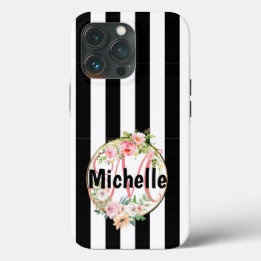 Monogrammed roze bloemen zwarte en witte strepen iPhone 13 pro hoesje