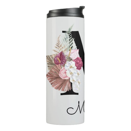 Monogrammed Roze Boho Bloemen Initiaal M Thermosbeker (Gedraaid links)