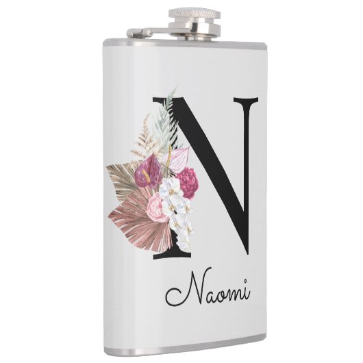 Monogrammed Roze Boho Bloemen Initiaal N Heupfles (Rechts)