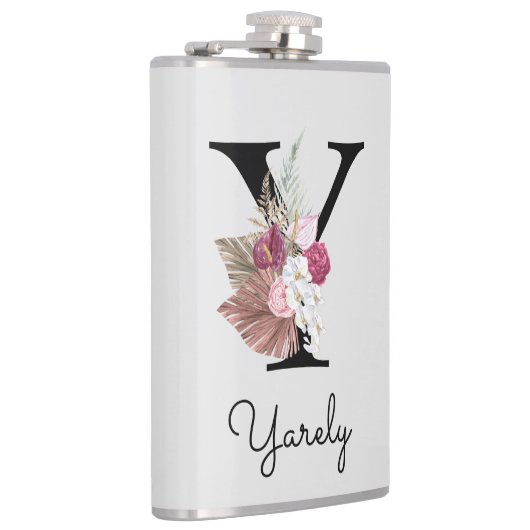 Monogrammed Roze Boho Bloemen Initiaal Y Heupfles (Rechts)