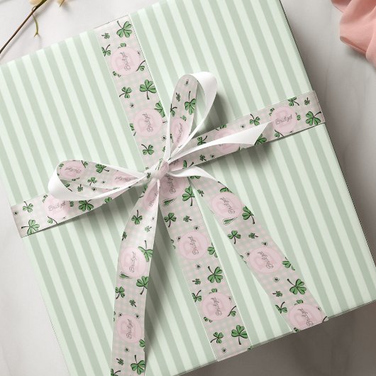 Monogrammed Roze en Groene Shamrocks & Gingham Grosgrain Lint