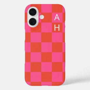 Monogrammed roze en Oranje controlebord patroon iPhone 16 Hoesje