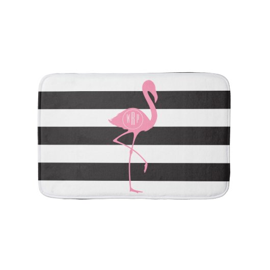 Monogrammed roze flamingo + zwart + witte strepen badmat (Voorkant)