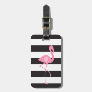 Monogrammed roze flamingo + zwart + witte strepen bagagelabel
