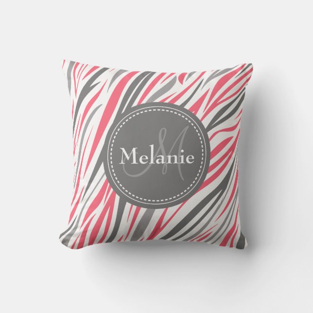 Monogrammed Roze & Gray Zebra Pattern Kussen (Voorkant)