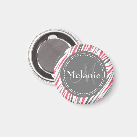 Monogrammed Roze & Gray Zebra Pattern Magneet (Voorkant / Achterkant)