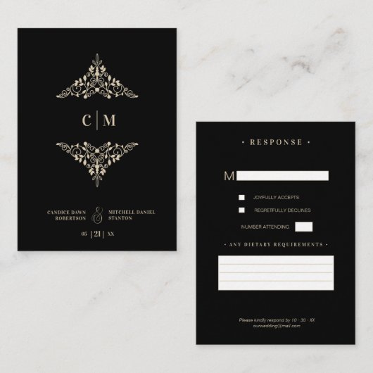 Monogrammed RSVP Gold Wedding Initials Flourish Informatiekaartje (Voorkant / Achterkant)