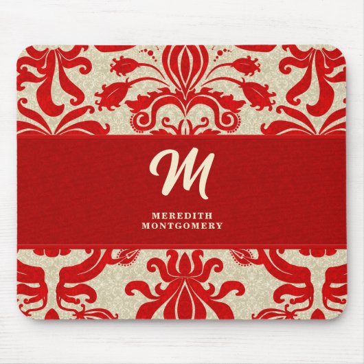 Monogrammed Ruby Red Damask Swirls Muismat (Voorkant)