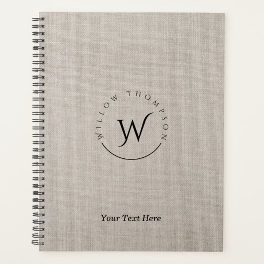 Monogrammed Rustic Beige Linen Elegant Script Planner (Voorkant)